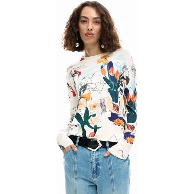 Desigual, Fijne trui met plantenprint, Dames, Wit, XS Desigual, Fijne trui met plantenprint, Dames, Wit, XS