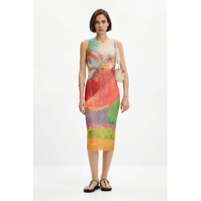 Desigual, Veelkleurige tropische midi-jurk, Polyester, M Desigual, Veelkleurige tropische midi-jurk, Polyester, M