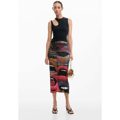 Desigual, Bedrukte rok met monden, Dames, Viscose, Zwart, XS Desigual, Bedrukte rok met monden, Dames, Viscose, Zwart, XS