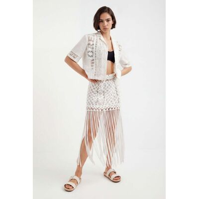 Desigual, Minirok met macramé met franjes, Katoen, Wit, M Desigual, Minirok met macramé met franjes, Katoen, Wit, M