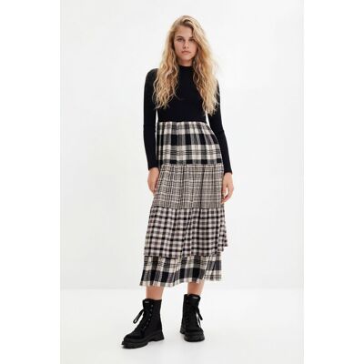 Desigual, Midi-jurk met geruite rok, Zwart, L Desigual, Midi-jurk met geruite rok, Zwart, L