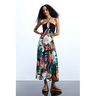 Desigual, Lange tropische jurk, Dames, Viscose, Zwart, XL Desigual, Lange tropische jurk, Dames, Viscose, Zwart, XL