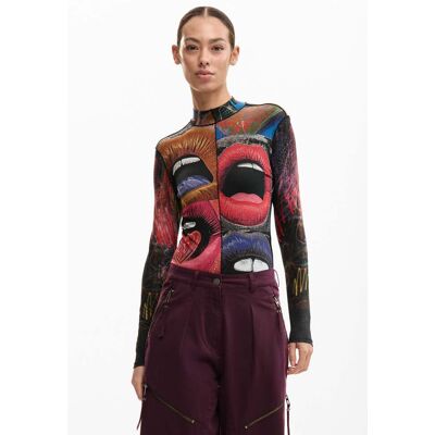 Desigual, T-shirt met lange mouwen en col, Dames, Viscose, Zwart, M Desigual, T-shirt met lange mouwen en col, Dames, Viscose, Zwart, M