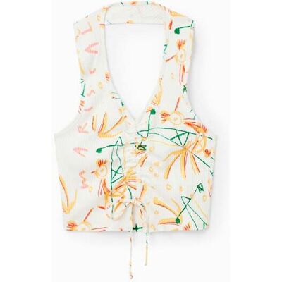 Desigual, Korte aangerimpelde top, Dames, Viscose, Wit, XL Desigual, Korte aangerimpelde top, Dames, Viscose, Wit, XL