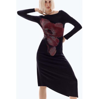Desigual, Pixeljurk midi, Dames, Viscose, Zwart, XS Desigual, Pixeljurk midi, Dames, Viscose, Zwart, XS