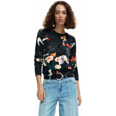 Desigual, Fijne trui met plantenprint, Dames, Zwart, XS Desigual, Fijne trui met plantenprint, Dames, Zwart, XS