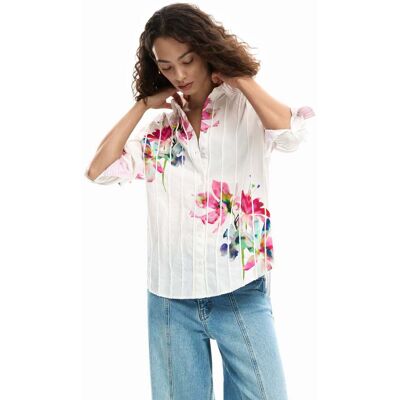 Desigual, Blouse met lange mouwen met plooien en bloemen, Dames, Katoen, Wit, M Desigual, Blouse met lange mouwen met plooien en bloemen, Dames, Katoen, Wit, M
