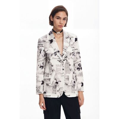 Desigual, Rechte blazer met tekst en bloemen, Katoen, Wit, L Desigual, Rechte blazer met tekst en bloemen, Katoen, Wit, L