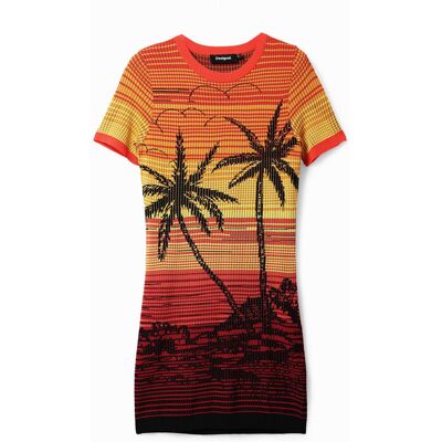 Desigual, Korte gebreide jurk palmbomen, Rood, L Desigual, Korte gebreide jurk palmbomen, Rood, L