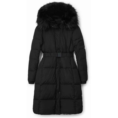 Desigual, Lange gewatteerde jas met ceintuur, Polyester, Zwart, XS Desigual, Lange gewatteerde jas met ceintuur, Polyester, Zwart, XS