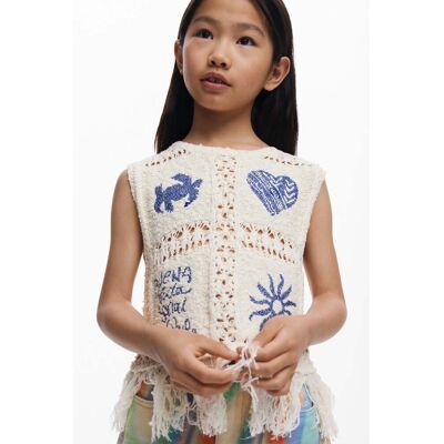 Desigual, Gehaakte trui met franjes, Kinderen, Wit, 11/12 Desigual, Gehaakte trui met franjes, Kinderen, Wit, 11/12