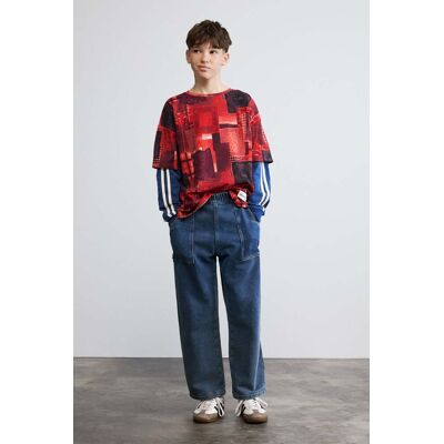 Desigual, Sweatshirt met dubbele mouw en ruitjes, Kinderen, Katoen, Blauw, 7/8 Desigual, Sweatshirt met dubbele mouw en ruitjes, Kinderen, Katoen, Blauw, 7/8