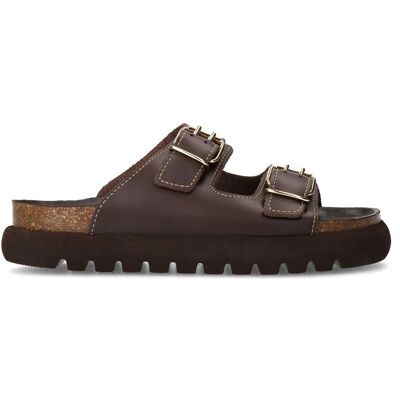 Sacha Donkerbruine leren slippers met goudkleurige buckles bruin 41 Sacha Donkerbruine leren slippers met goudkleurige buckles bruin 41