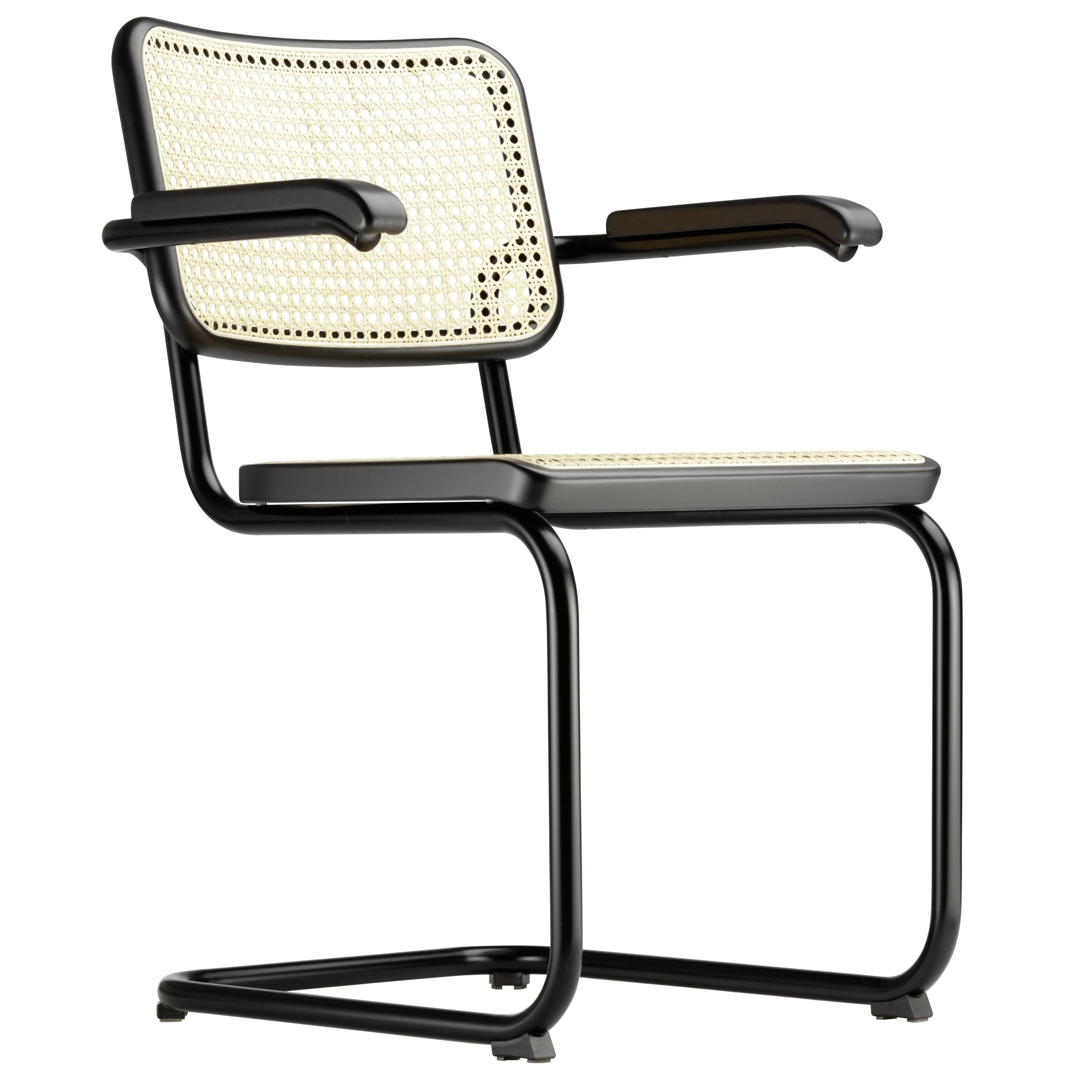 Thonet S64 V stoel gevlochten riet,arm zwart beuken,onderstel zwart