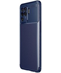 Geen Oppo A94 Hoesje Siliconen Carbon TPU Back Cover Blauw