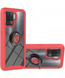 Geen Oppo Reno5 Lite Hoesje Kickstand Ring Back Cover Transparant/Rood