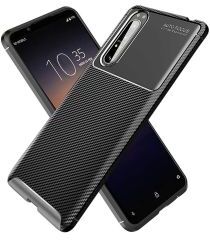 Geen Sony Xperia 1 II Hoesje Geborsteld Carbon Zwart