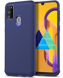 Geen Samsung Galaxy M21 Hoesje Twill Slim Textuur TPU Blauw