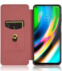 Geen Motorola Moto G9 Plus Carbon Fiber Portemonnee Hoesje Bruin