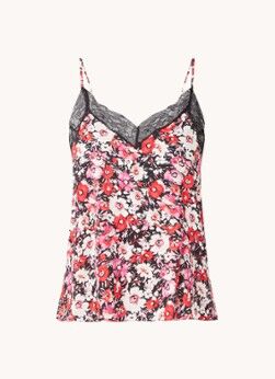 MANGO Vignet spaghetti top met bloemenprint en kant - Roze