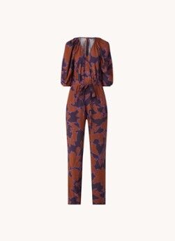 Expresso Loose fit jumpsuit met pofmouw en bloemenprint - Roodbruin