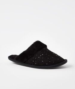 Dune London Willis pantoffel met imitatiebont met strass - Zwart