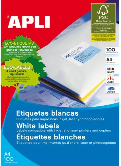 APLI Etiketten 105x148mm I/L/C Wit 100 A4-Vellen 400 Stuks Wit