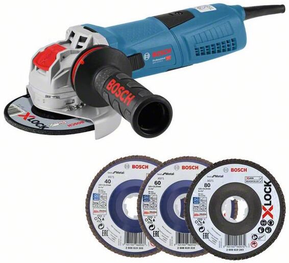 Bosch Blauw X-LOCK GWX 13-125 S Haakse Slijper 125mm 1300W + 3 X-LOCK lamellenslijpschijven in koffer  0615990L0U