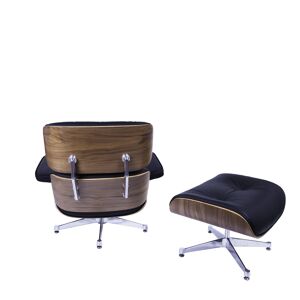 Lounge stoel met Hocker Design   Ea670   Zwart - Stoel: 85 X 85 X 84 Cm Poef: 65 X 55 X 46 Cm - Multiplex Schaal, Volledig Aniline Lederen Zitting