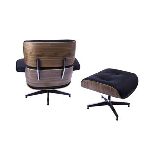 Lounge stoel met Hocker Design   Ea670   Zwart - Stoel: 85 X 85 X 84 Cm Poef: 65 X 55 X 46 Cm - Multiplex Schaal, Volledig Aniline Lederen Zitting