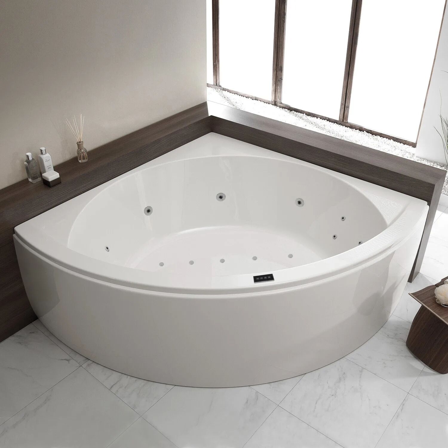 Kronenbach Relax 1500 Eck-Badewanne mit Whirlpool 150 x 150 cm mit Gestell, Schürze, Füllfunktion und Rückendüsen rechts Relax 1500