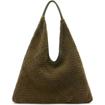 Manfield Khaki Gevlochten Suède Schoudertas Met Drukknoop - Maat Onesize groen Manfield Khaki Gevlochten Suède Schoudertas Met Drukknoop - Maat Onesize groen