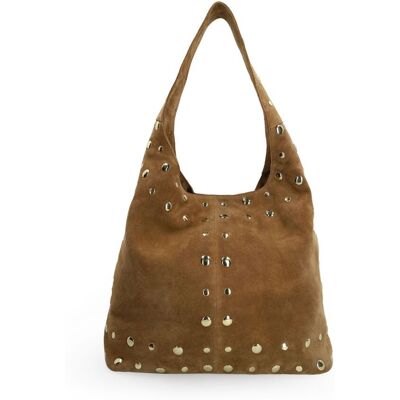 Manfield Taupe Suède Schoudertas Met Gouden Studs Met Drukknoop - Maat Onesize taupe Manfield Taupe Suède Schoudertas Met Gouden Studs Met Drukknoop - Maat Onesize taupe
