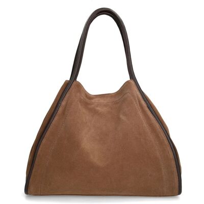 Manfield Taupe Suède Handtas Met Bruine Handvaten Met Drukknoop - Maat Onesize taupe Manfield Taupe Suède Handtas Met Bruine Handvaten Met Drukknoop - Maat Onesize taupe