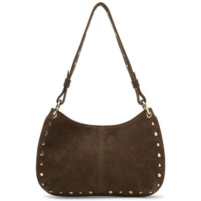Manfield Donker Bruin Suède Schoudertasje Met Gouden Studs Met Ritssluiting - Maat Onesize bruin Manfield Donker Bruin Suède Schoudertasje Met Gouden Studs Met Ritssluiting - Maat Onesize bruin