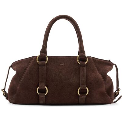 Manfield Donkerbruine Suède Handtas Met Gouden Ringen Met Ritssluiting - Maat Onesize bruin Manfield Donkerbruine Suède Handtas Met Gouden Ringen Met Ritssluiting - Maat Onesize bruin