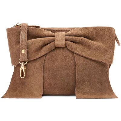 Manfield Taupe Suède Clutch Met Strik Met Ritssluiting - Maat Onesize taupe Manfield Taupe Suède Clutch Met Strik Met Ritssluiting - Maat Onesize taupe