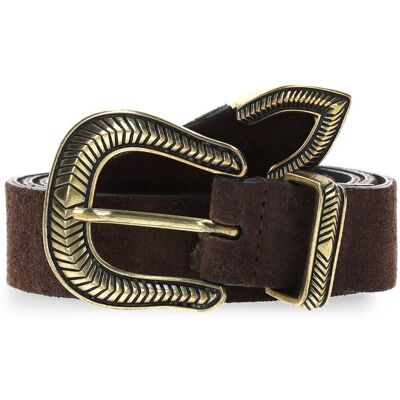 Manfield Donkerbruine Suède Riem Met Drukknoop - Maat 105 bruin Manfield Donkerbruine Suède Riem Met Drukknoop - Maat 105 bruin