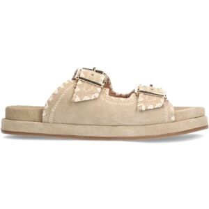 Manfield Beige Suède Slippers Met Witte Details Met Gespsluiting - Maat 42 beige Manfield Beige Suède Slippers Met Witte Details Met Gespsluiting - Maat 42 beige