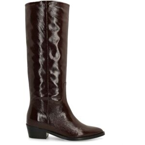 Manfield Bruine Lakleren Hoge Laarzen Met Blokhak Van 3 Cm - Maat 38 bruin Manfield Bruine Lakleren Hoge Laarzen Met Blokhak Van 3 Cm - Maat 38 bruin