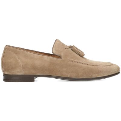 Manfield Taupe Suède Loafers Met Kwastjes - Maat 43 taupe Manfield Taupe Suède Loafers Met Kwastjes - Maat 43 taupe
