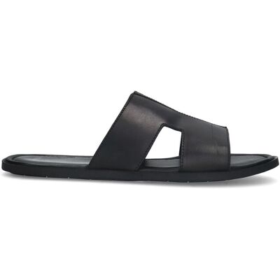 Manfield Zwarte Leren Slippers - Maat 45 zwart Manfield Zwarte Leren Slippers - Maat 45 zwart