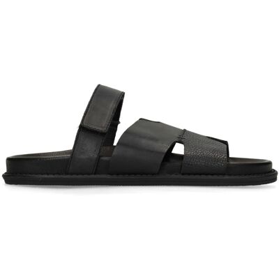 Manfield Zwarte Leren Slippers Met Klittenband Sluiting - Maat 43 zwart Manfield Zwarte Leren Slippers Met Klittenband Sluiting - Maat 43 zwart