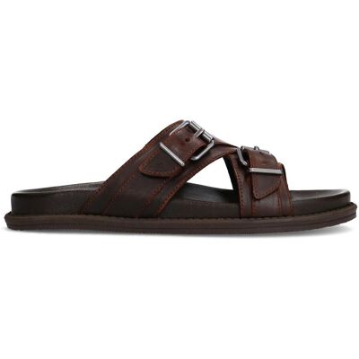 Manfield Bruine Leren Slippers Met Gespsluiting - Maat 45 bruin Manfield Bruine Leren Slippers Met Gespsluiting - Maat 45 bruin