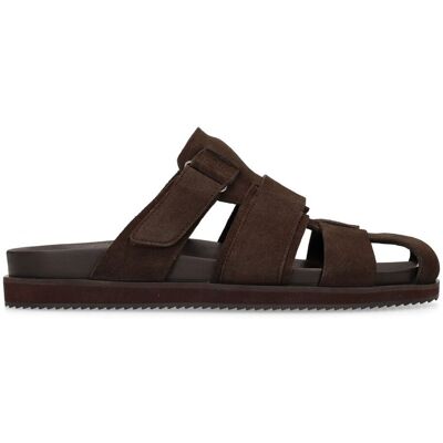 Manfield Donkerbruine Suède Slippers Met Gespsluiting - Maat 45 bruin Manfield Donkerbruine Suède Slippers Met Gespsluiting - Maat 45 bruin