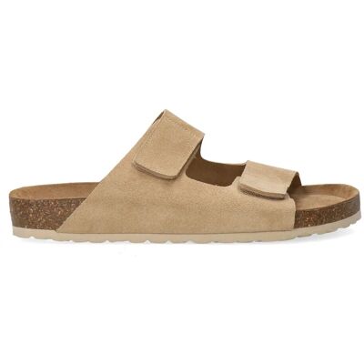 Manfield Beige Suède Slippers Met Klittenband Sluiting - Maat 43 beige Manfield Beige Suède Slippers Met Klittenband Sluiting - Maat 43 beige