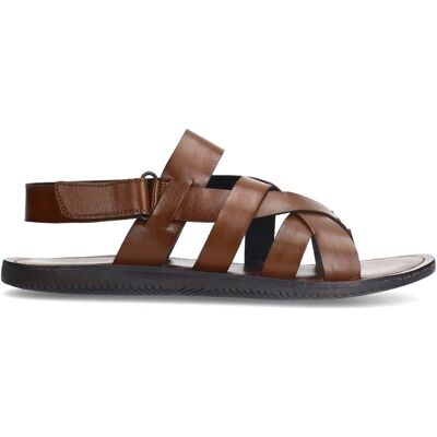 Manfield Leren Gevlochten Cognac Slippers Met Klittenband Sluiting - Maat 41 cognac Manfield Leren Gevlochten Cognac Slippers Met Klittenband Sluiting - Maat 41 cognac