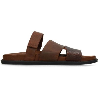 Manfield Cognac Leren Slippers Met Klittenband Sluiting - Maat 43 cognac Manfield Cognac Leren Slippers Met Klittenband Sluiting - Maat 43 cognac