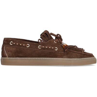 Manfield Bruine Suède Boatloafers Met Franjes Met Veters - Maat 36 bruin Manfield Bruine Suède Boatloafers Met Franjes Met Veters - Maat 36 bruin