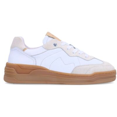 Manfield Witte Leren Sneakers Met Beige Suéde Details Met Plateau Zool Met Veters - Maat 36 wit Manfield Witte Leren Sneakers Met Beige Suéde Details Met Plateau Zool Met Veters - Maat 36 wit